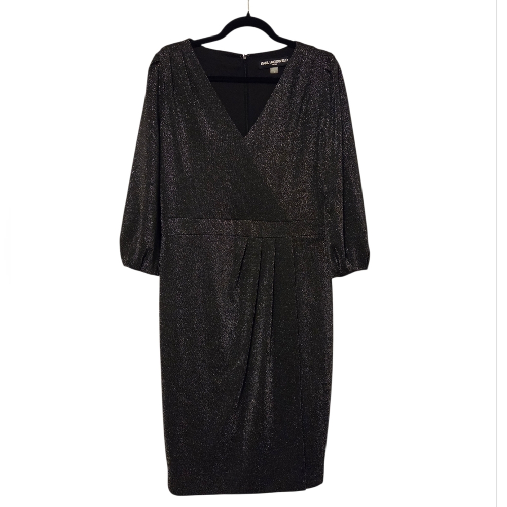 Karl Lagerfeld Metallic Ponte Stretch Silver Faux Wrap Party Dress Women's 10 - Picture 3 of 12